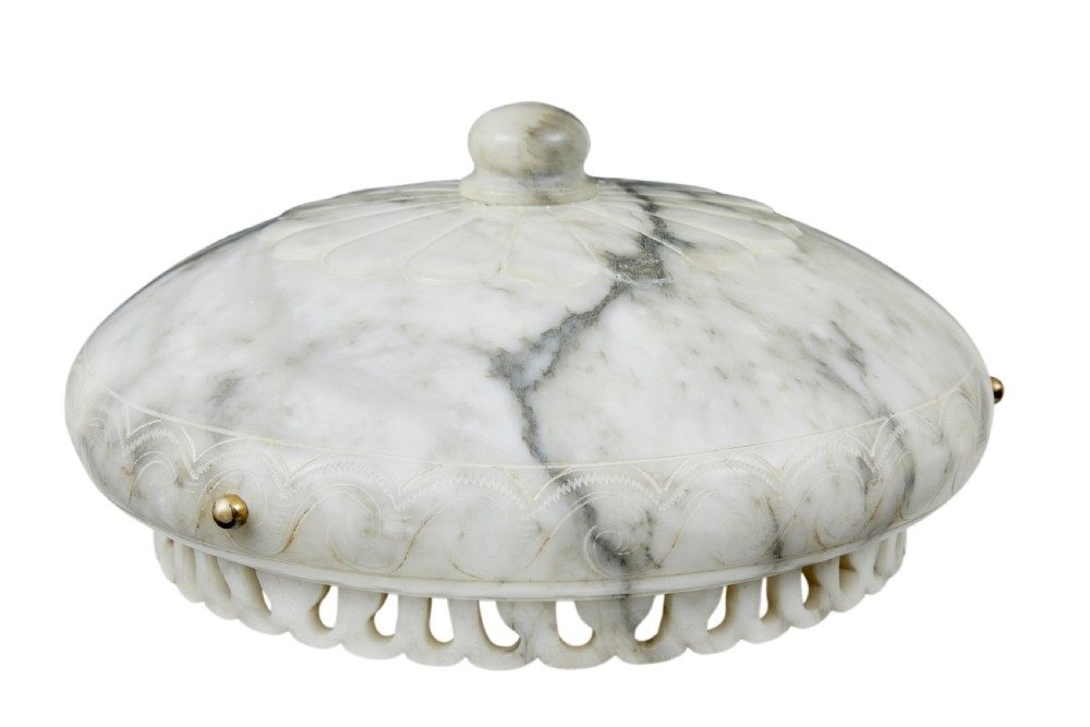 A hand-carved off-white alabaster bowl ceiling light suspended by braided cords with a decorative tassel and matching top rose. View XI