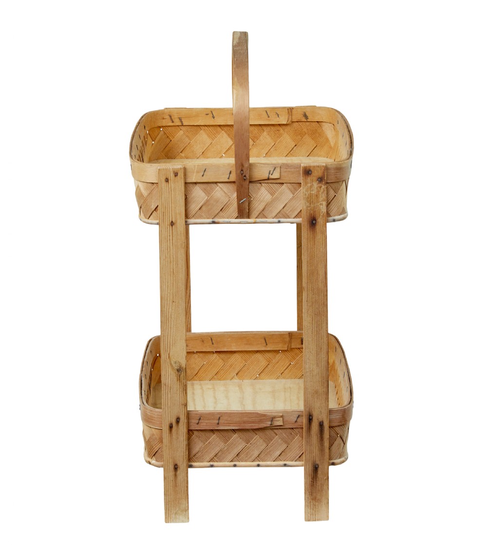 An early twentieth-century two-tier stand constructed from light-coloured woven pine splints with a bentwood arch handle and straight timber legs. View VI