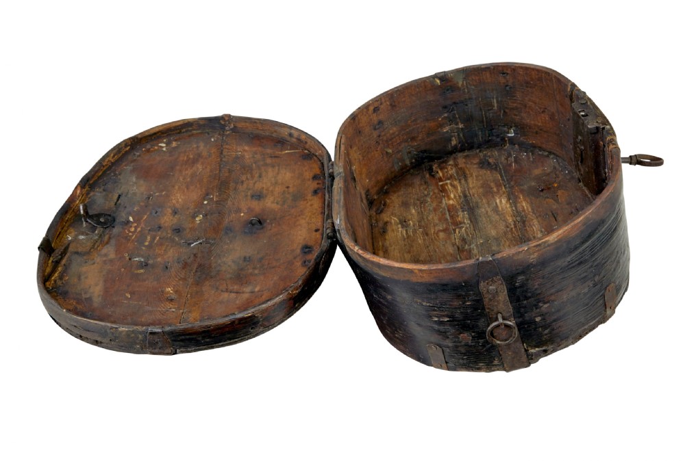 A mid-19th century Swedish oval pine strong box with dark painted finish and iron strapping. View VII