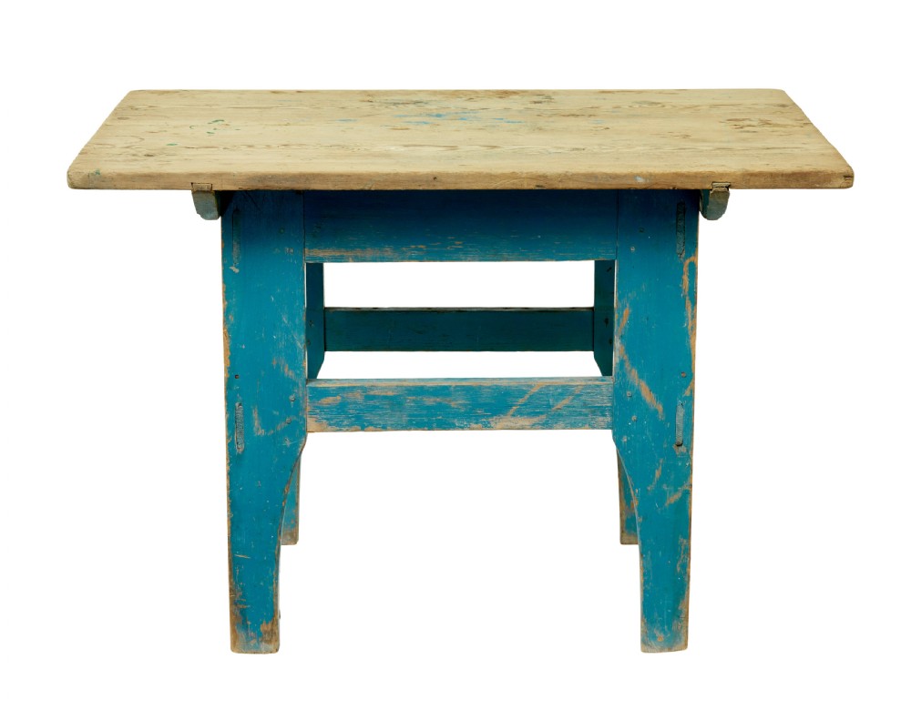 A 19th-century Swedish side table featuring an unpainted pine top set upon a vibrant blue painted wooden frame with cross-stretchers. View II