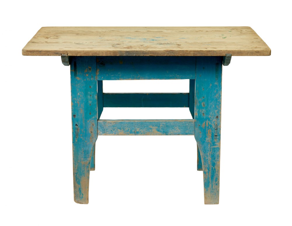A 19th-century Swedish side table featuring an unpainted pine top set upon a vibrant blue painted wooden frame with cross-stretchers. View IV