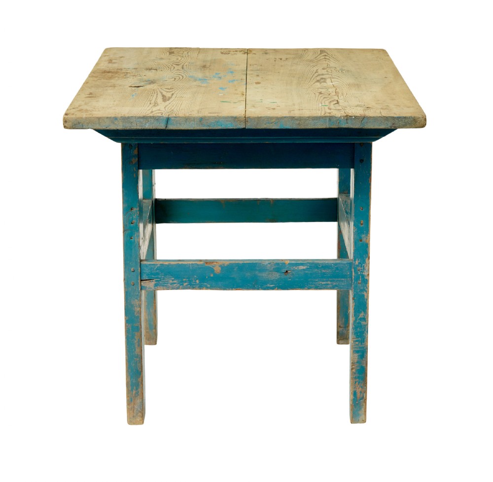 A 19th-century Swedish side table featuring an unpainted pine top set upon a vibrant blue painted wooden frame with cross-stretchers. View V