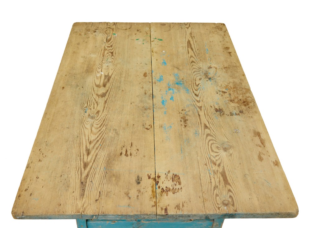 A 19th-century Swedish side table featuring an unpainted pine top set upon a vibrant blue painted wooden frame with cross-stretchers. View IX