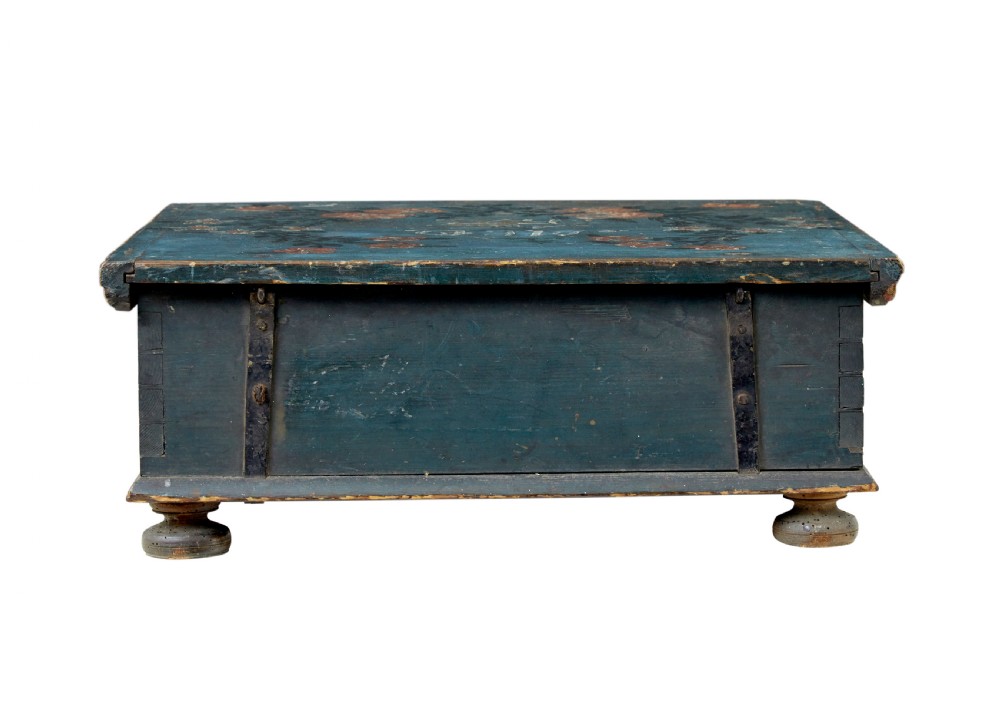 A 19th-century rectangular pine box painted teal blue with red floral motifs and small turned feet. View IV