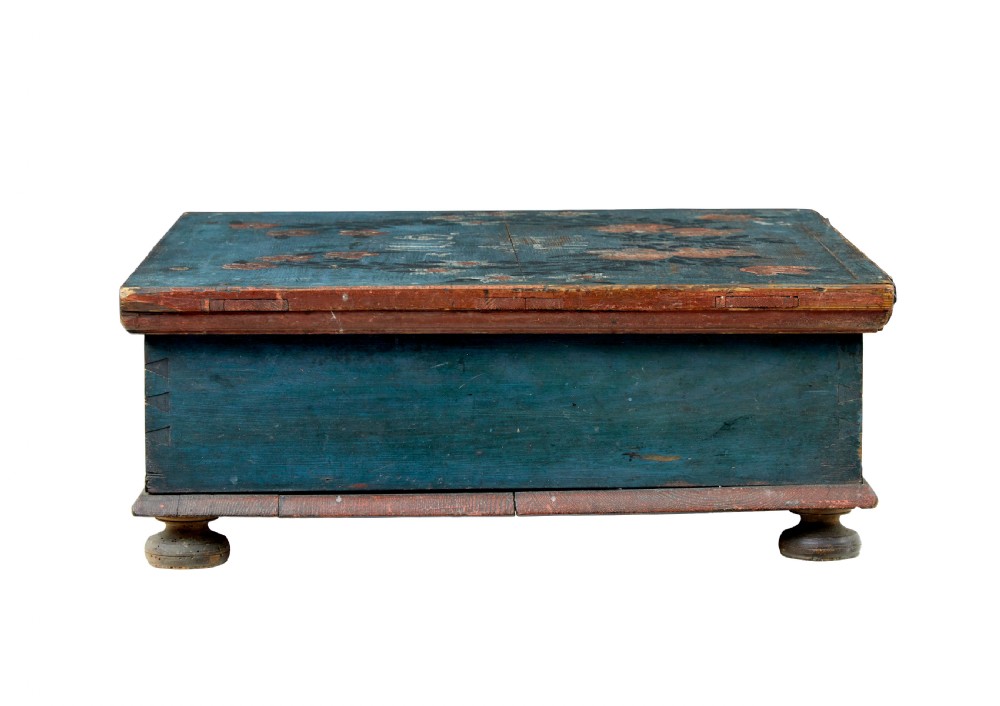 A 19th-century rectangular pine box painted teal blue with red floral motifs and small turned feet. View V