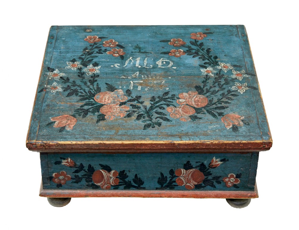 A 19th-century rectangular pine box painted teal blue with red floral motifs and small turned feet. View VI