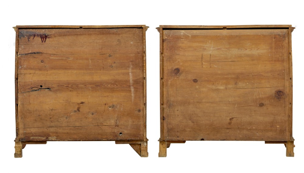 A matching pair of mid-19th-century Swedish carved elm chests of drawers featuring four drawers, barley twist side columns, carved paw feet, and brass hardware. View III