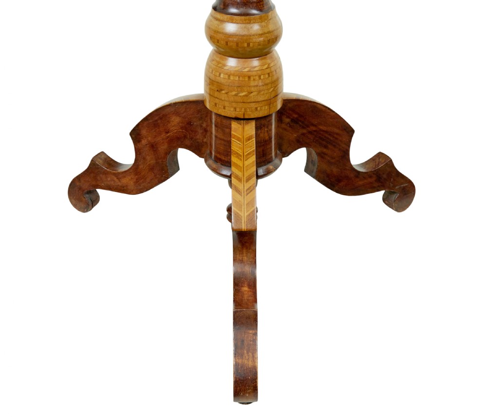 A 19th-century Italian Sorrento table featuring a circular top with geometric marquetry, a turned central column stem, and carved tripod legs. View II