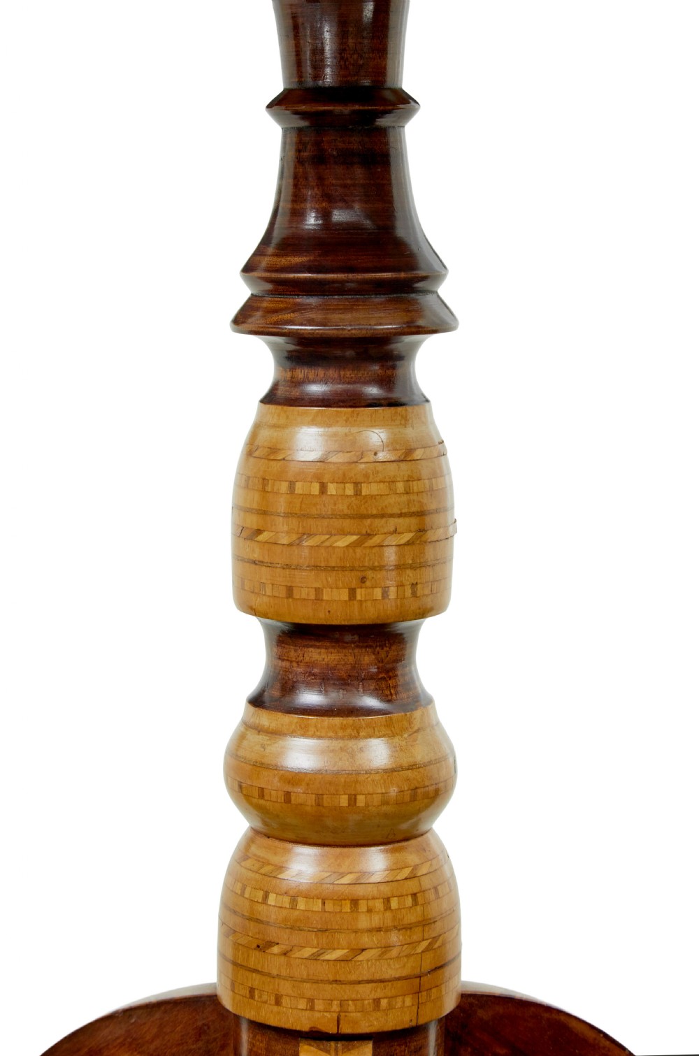 A 19th-century Italian Sorrento table featuring a circular top with geometric marquetry, a turned central column stem, and carved tripod legs. View III