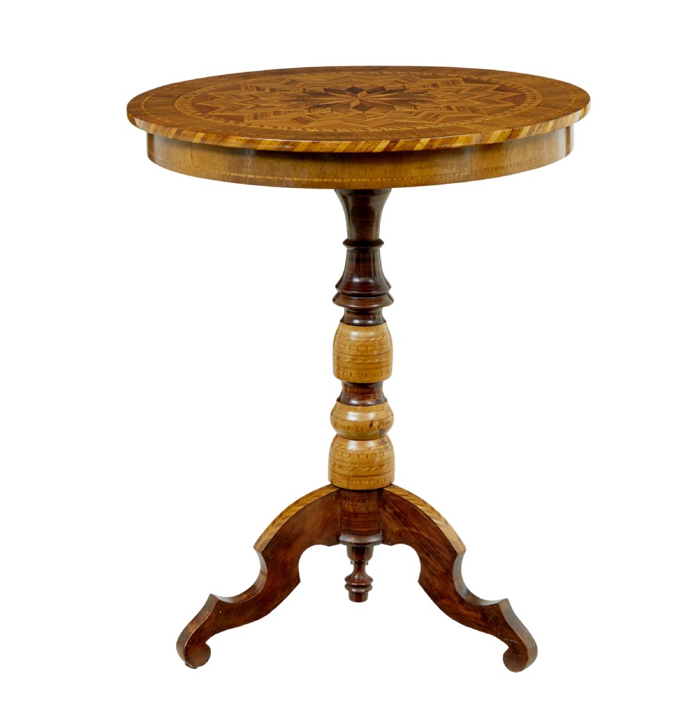 A 19th-century Italian Sorrento table featuring a circular top with geometric marquetry, a turned central column stem, and carved tripod legs. View VII