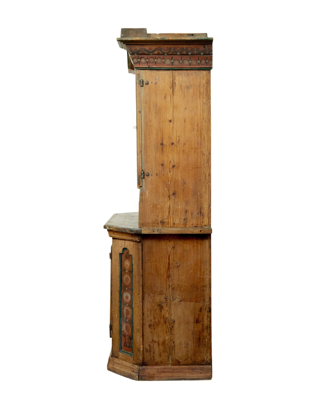 An early nineteenth-century Swedish painted pine cupboard featuring a shaped upper section with painted panel doors dated 1813 above an open shelf and lower cabinet. View IV