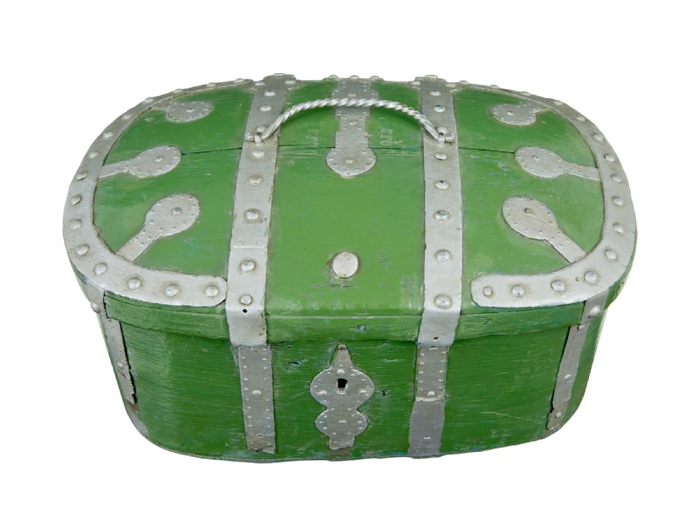 A 19th-century Swedish green painted wooden strong box featuring silver-coloured metal strapping, rivets, a keyhole escutcheon, and a top handle. View II