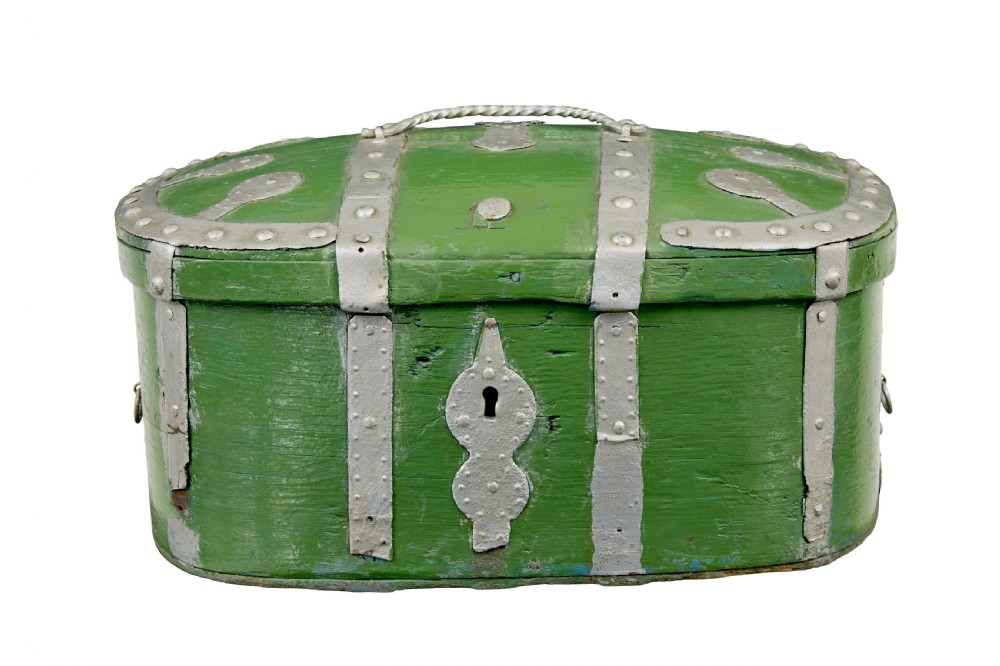A 19th-century Swedish green painted wooden strong box featuring silver-coloured metal strapping, rivets, a keyhole escutcheon, and a top handle. View IV