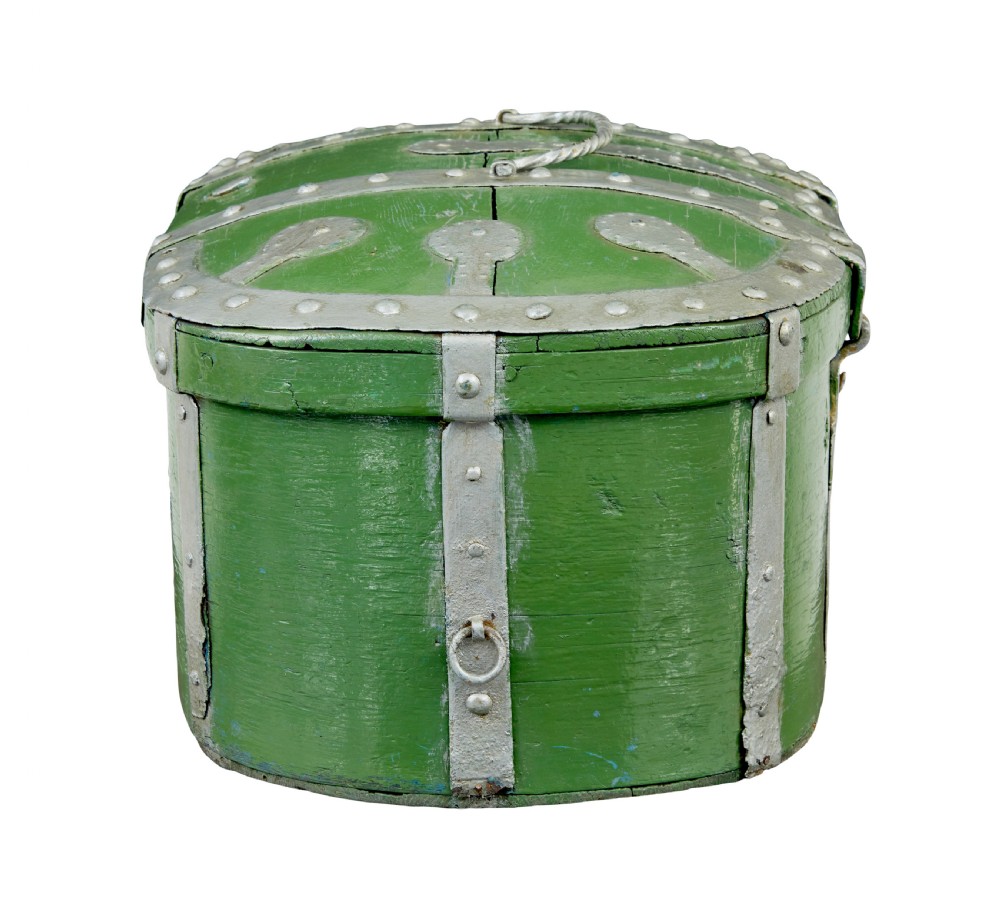 A 19th-century Swedish green painted wooden strong box featuring silver-coloured metal strapping, rivets, a keyhole escutcheon, and a top handle. View V