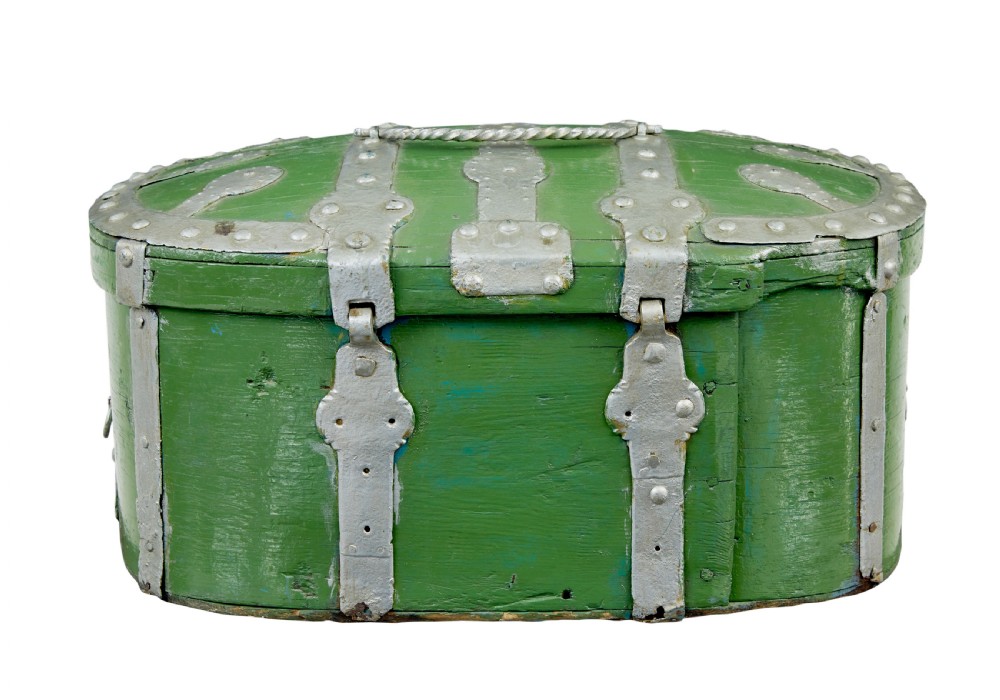 A 19th-century Swedish green painted wooden strong box featuring silver-coloured metal strapping, rivets, a keyhole escutcheon, and a top handle. View VI