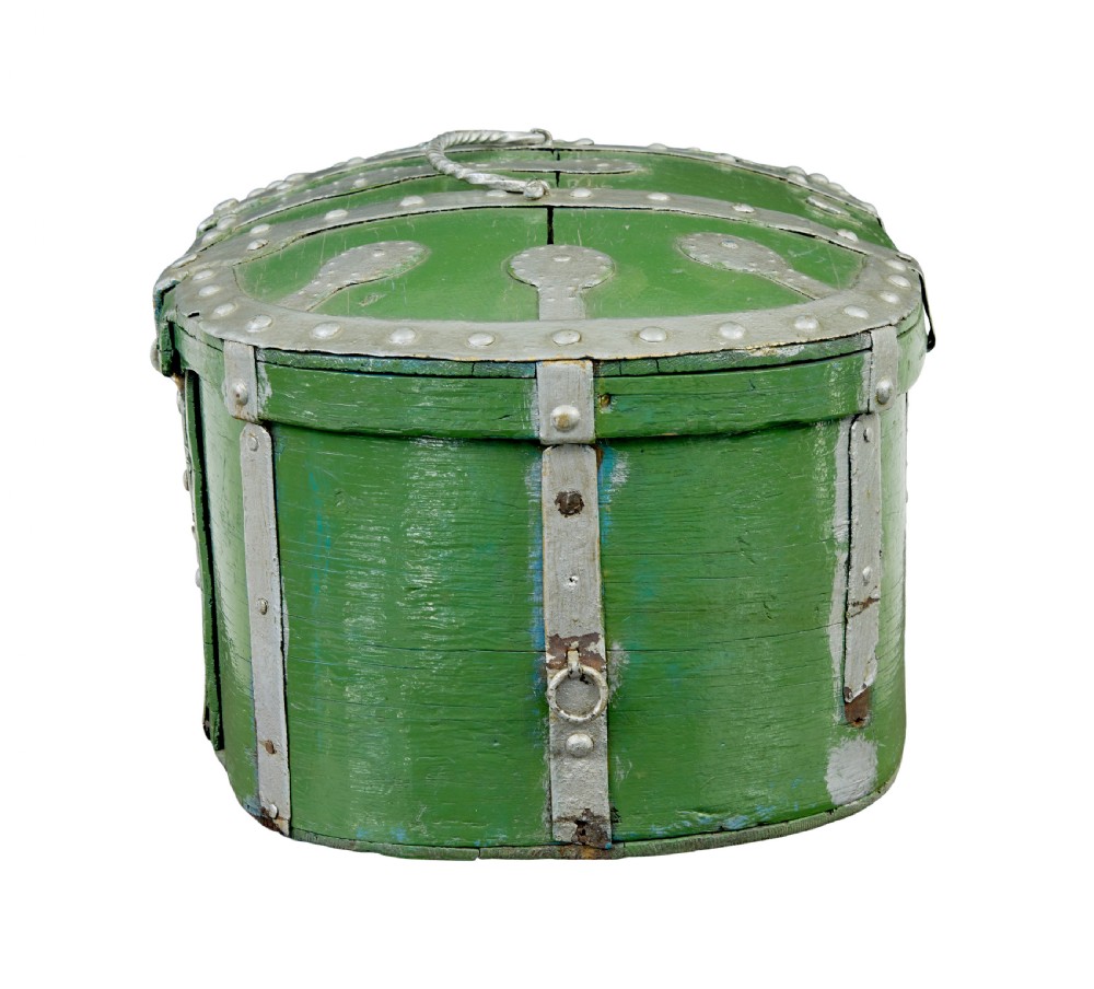 A 19th-century Swedish green painted wooden strong box featuring silver-coloured metal strapping, rivets, a keyhole escutcheon, and a top handle. View VII