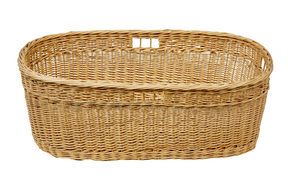 An oval hand-woven natural wicker basket featuring tight weave patterns and integrated cut-out handles near the upper rim. View V