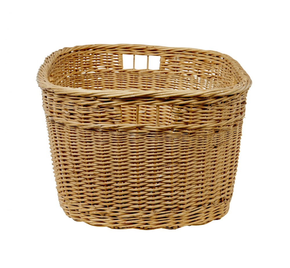 An oval hand-woven natural wicker basket featuring tight weave patterns and integrated cut-out handles near the upper rim. View VIII