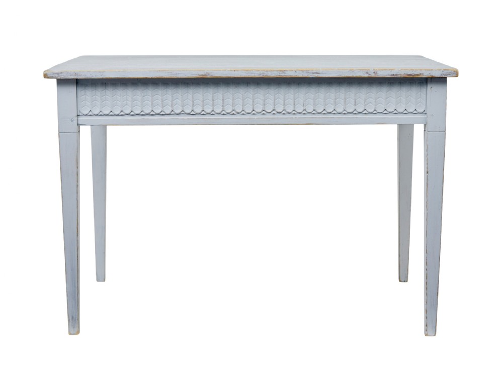 A late 19th-century Swedish painted pine table featuring a rectangular top, a carved patterned apron, and four square tapered legs. View II