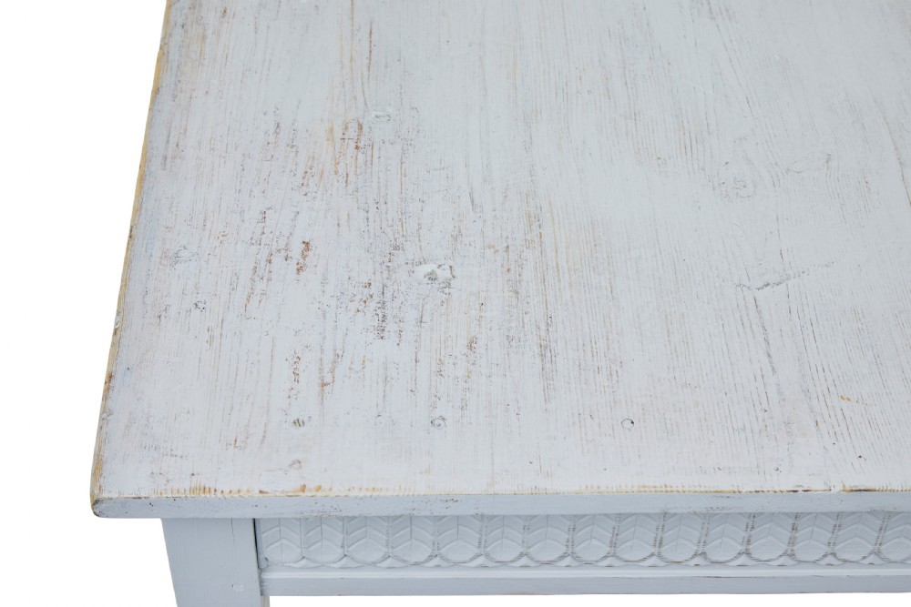 A late 19th-century Swedish painted pine table featuring a rectangular top, a carved patterned apron, and four square tapered legs. View VIII