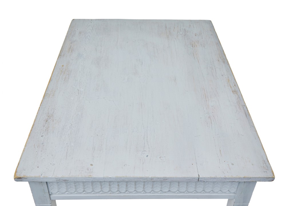 A late 19th-century Swedish painted pine table featuring a rectangular top, a carved patterned apron, and four square tapered legs. View IX