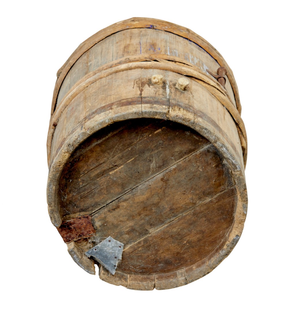 A 19th-century cylindrical Swedish pine barrel featuring hand-bound branch hoops, iron fittings, and remnants of blue paint. View VIII