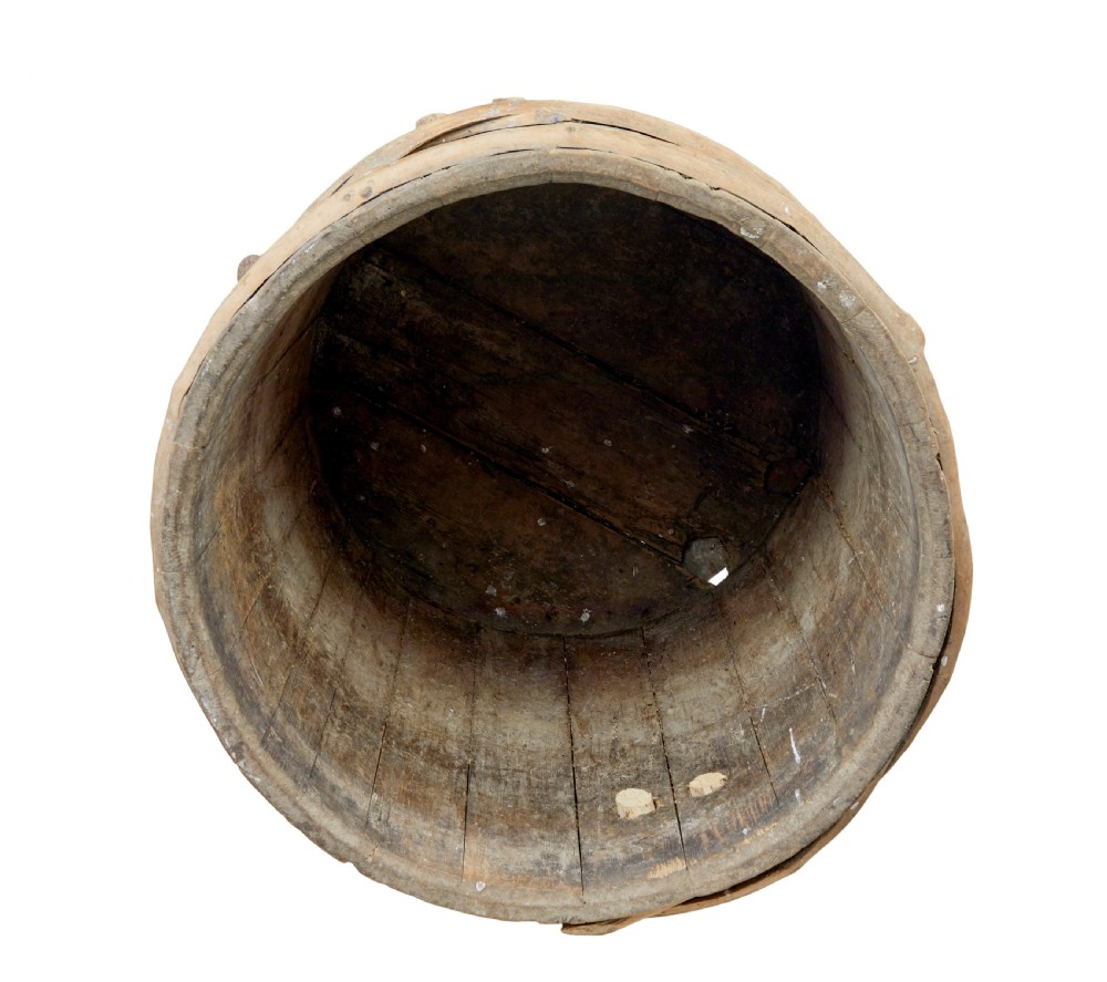A 19th-century cylindrical Swedish pine barrel featuring hand-bound branch hoops, iron fittings, and remnants of blue paint. View IX