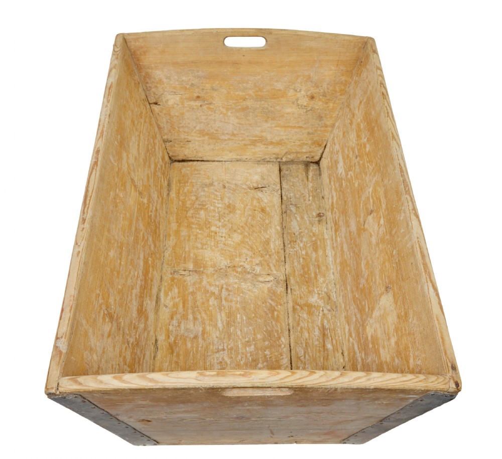 A 19th-century rectangular Swedish pine dough bin featuring tapered sides, metal corner reinforcements, and cut-out handles at each end. View II