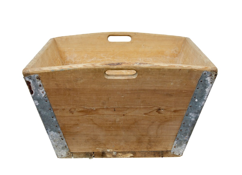 A 19th-century rectangular Swedish pine dough bin featuring tapered sides, metal corner reinforcements, and cut-out handles at each end. View IV