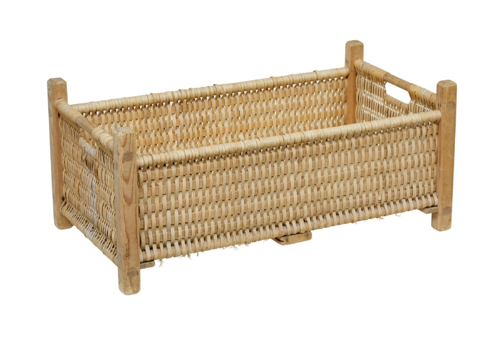 A rectangular 19th-century Scandinavian hand-woven pine splint basket featuring four wooden corner posts and side handles.