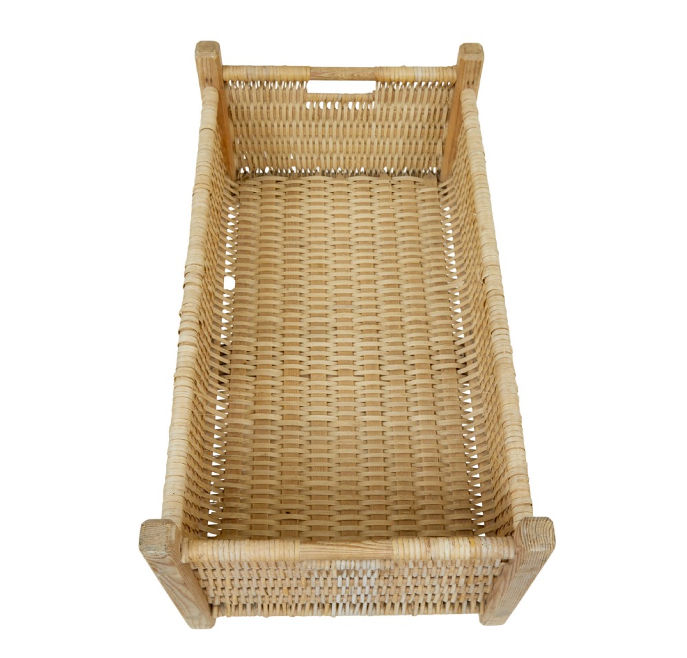 A rectangular 19th-century Scandinavian hand-woven pine splint basket featuring four wooden corner posts and side handles. View II