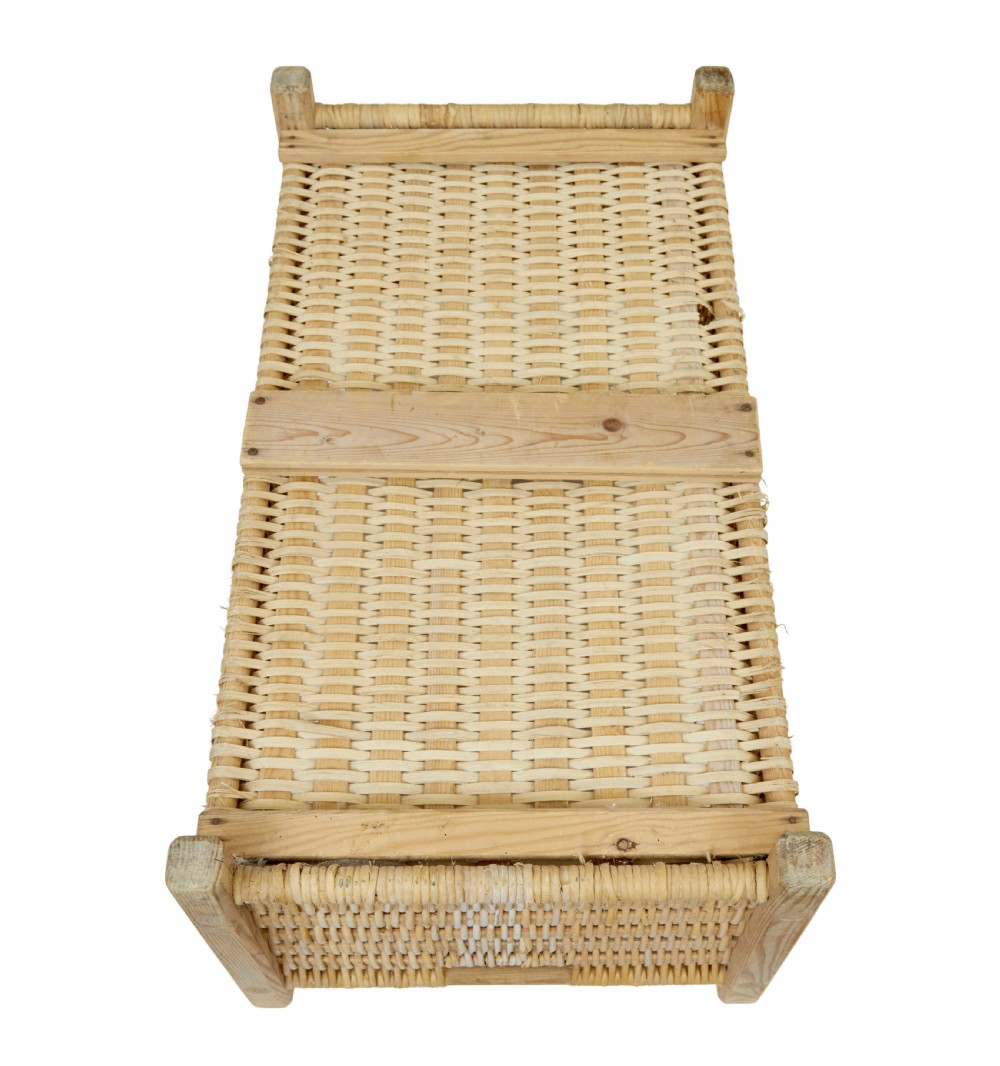 A rectangular 19th-century Scandinavian hand-woven pine splint basket featuring four wooden corner posts and side handles. View III