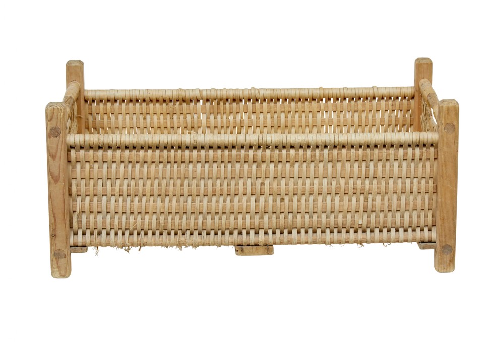 A rectangular 19th-century Scandinavian hand-woven pine splint basket featuring four wooden corner posts and side handles. View IV
