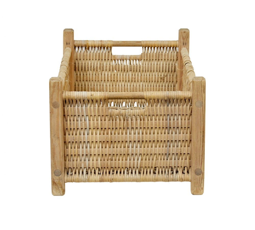 A rectangular 19th-century Scandinavian hand-woven pine splint basket featuring four wooden corner posts and side handles. View V
