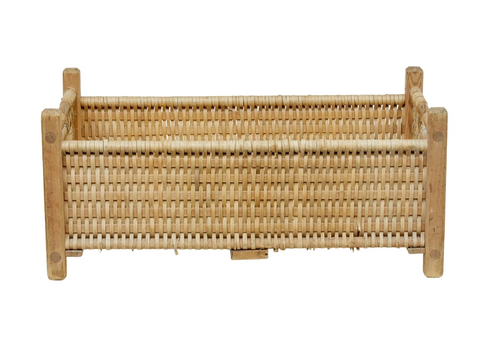 A rectangular 19th-century Scandinavian hand-woven pine splint basket featuring four wooden corner posts and side handles. View VI