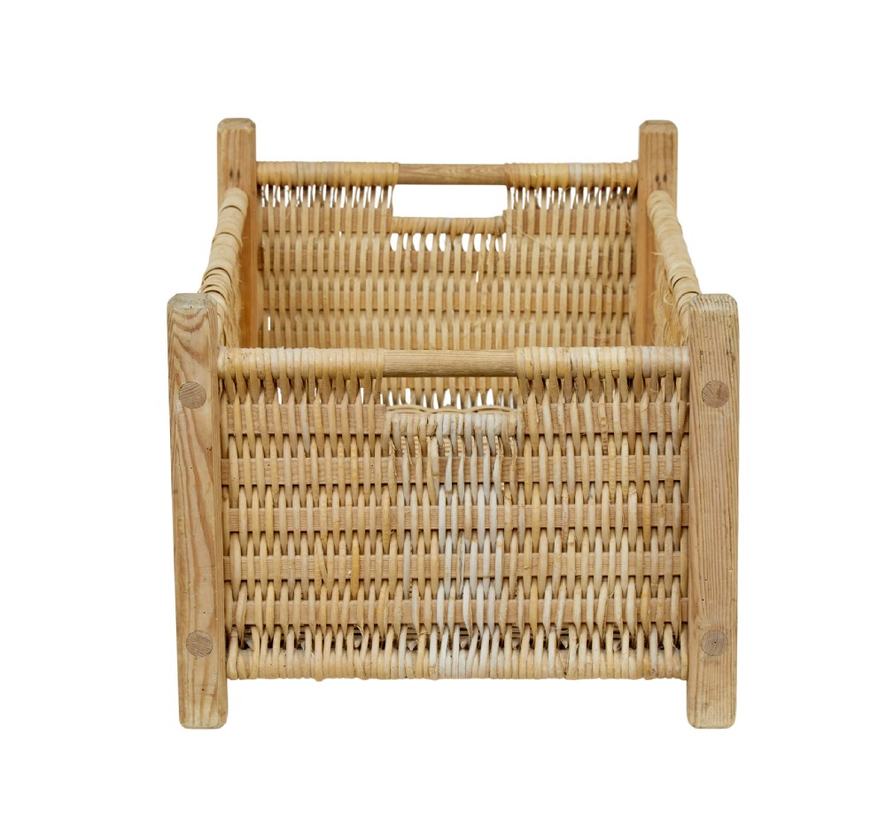 A rectangular 19th-century Scandinavian hand-woven pine splint basket featuring four wooden corner posts and side handles. View VII