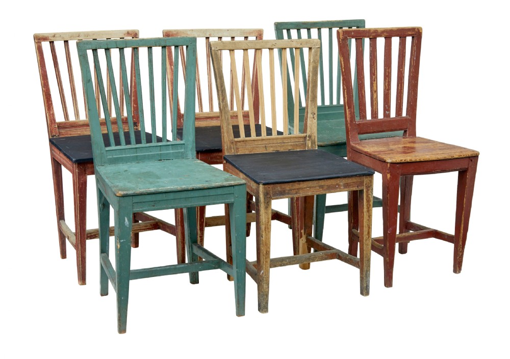 HARLEQUIN SET OF 6 19TH CENTURY PAINTED PINE DINING CHAIRS