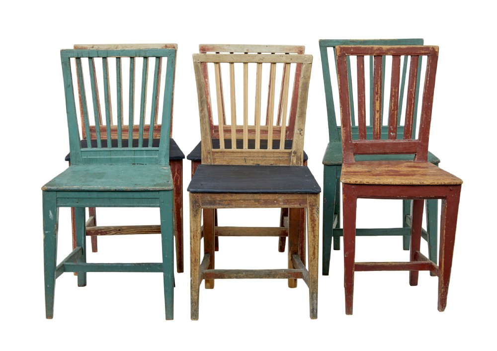 HARLEQUIN SET OF 6 19TH CENTURY PAINTED PINE DINING CHAIRS View II