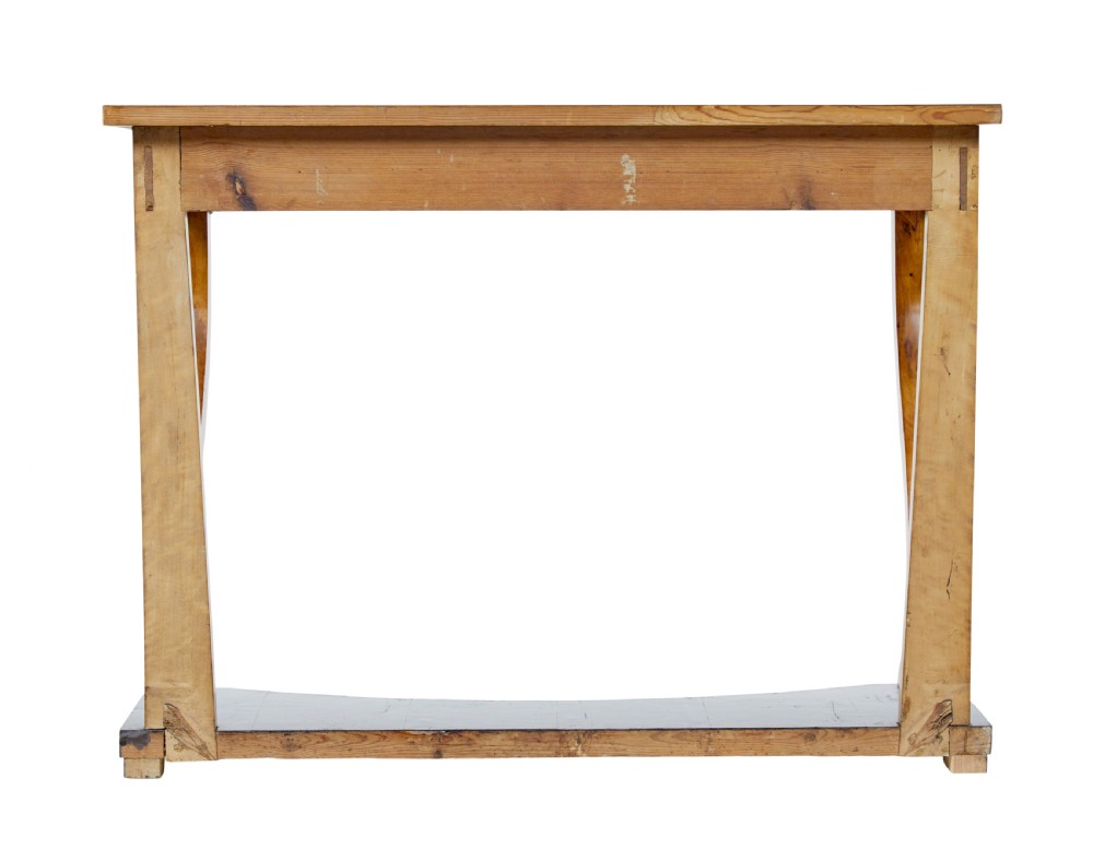 A nineteenth-century Empire Revival console table crafted from figured burr birch with curved leg supports and an ebonised plinth base. View IV