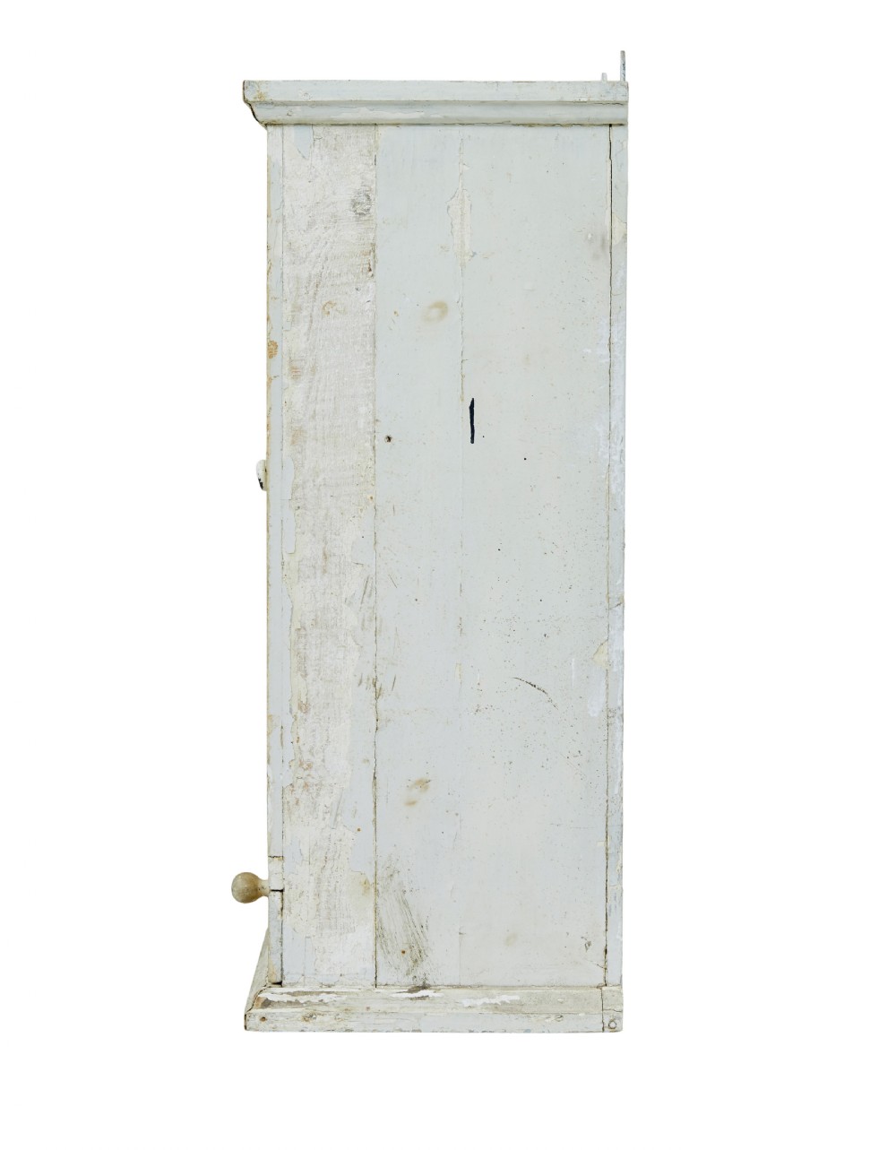 A 19th-century Scandinavian pine wall cupboard with a distressed cream painted finish, a single panelled door, and one lower drawer. View V