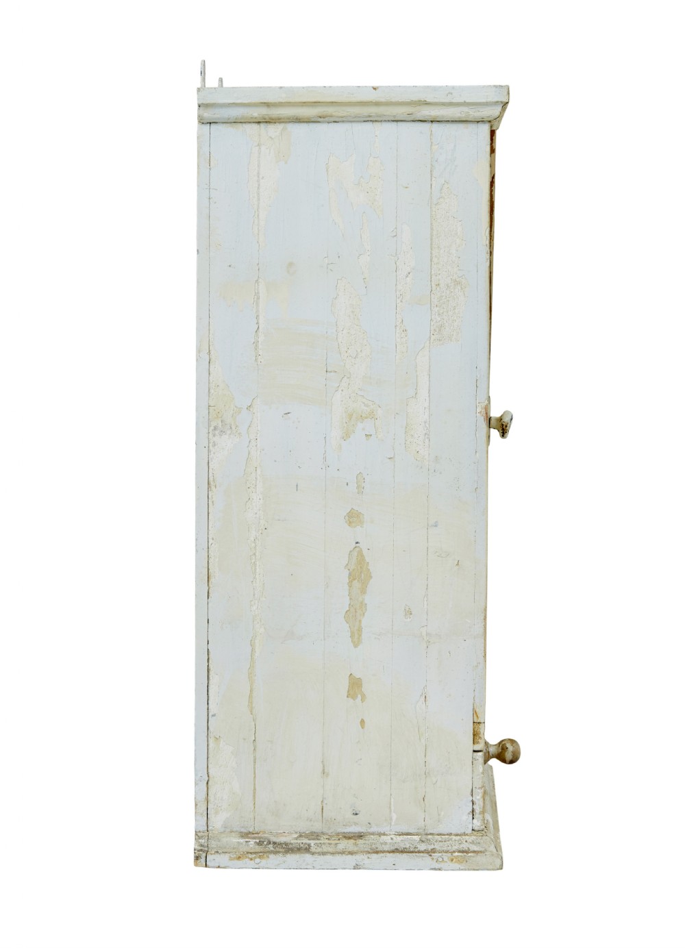 A 19th-century Scandinavian pine wall cupboard with a distressed cream painted finish, a single panelled door, and one lower drawer. View VII