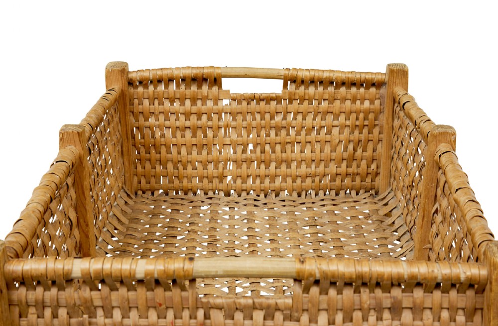 A rectangular 19th-century Scandinavian basket constructed from woven wood splints within a pine corner-post frame. View II