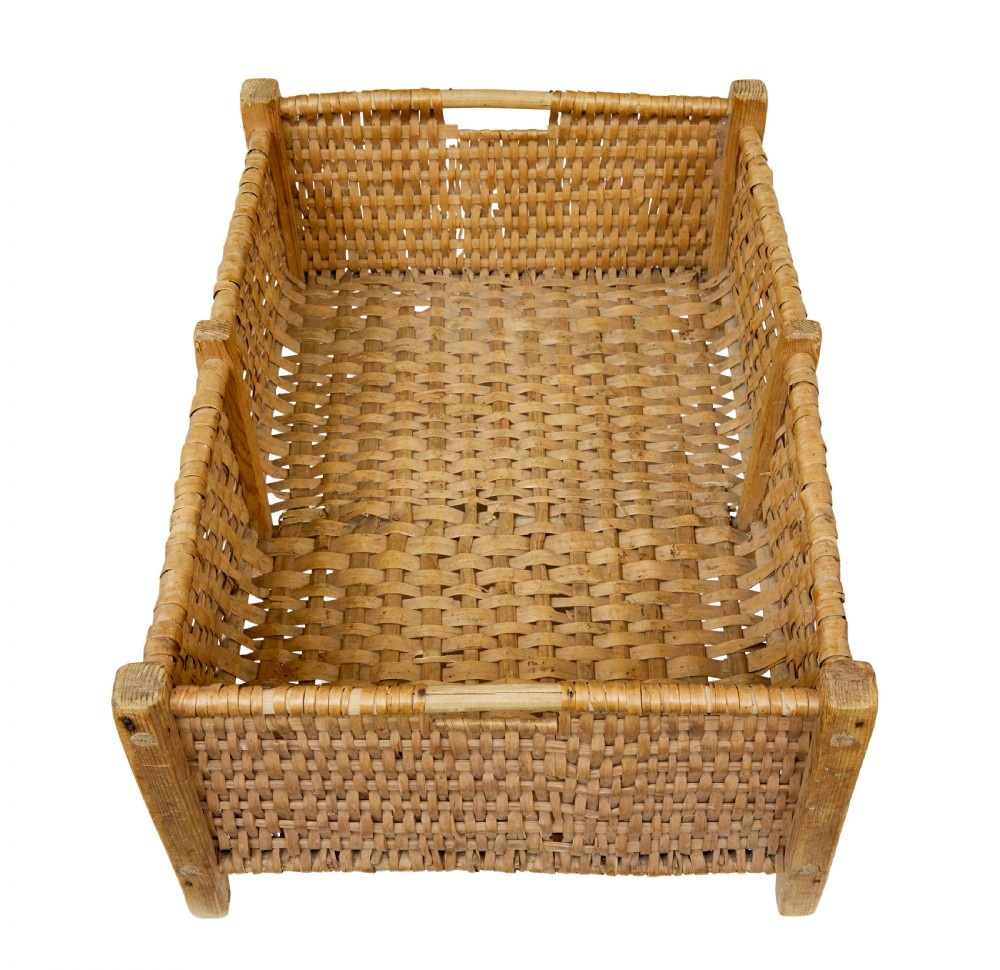A rectangular 19th-century Scandinavian basket constructed from woven wood splints within a pine corner-post frame. View III