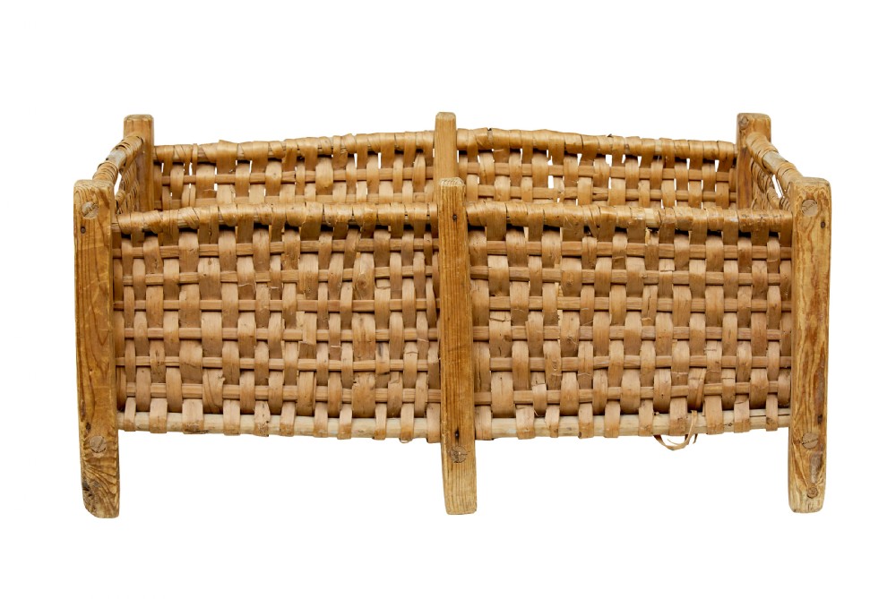 A rectangular 19th-century Scandinavian basket constructed from woven wood splints within a pine corner-post frame. View V