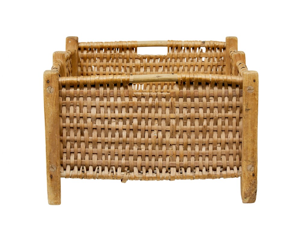 A rectangular 19th-century Scandinavian basket constructed from woven wood splints within a pine corner-post frame. View VI