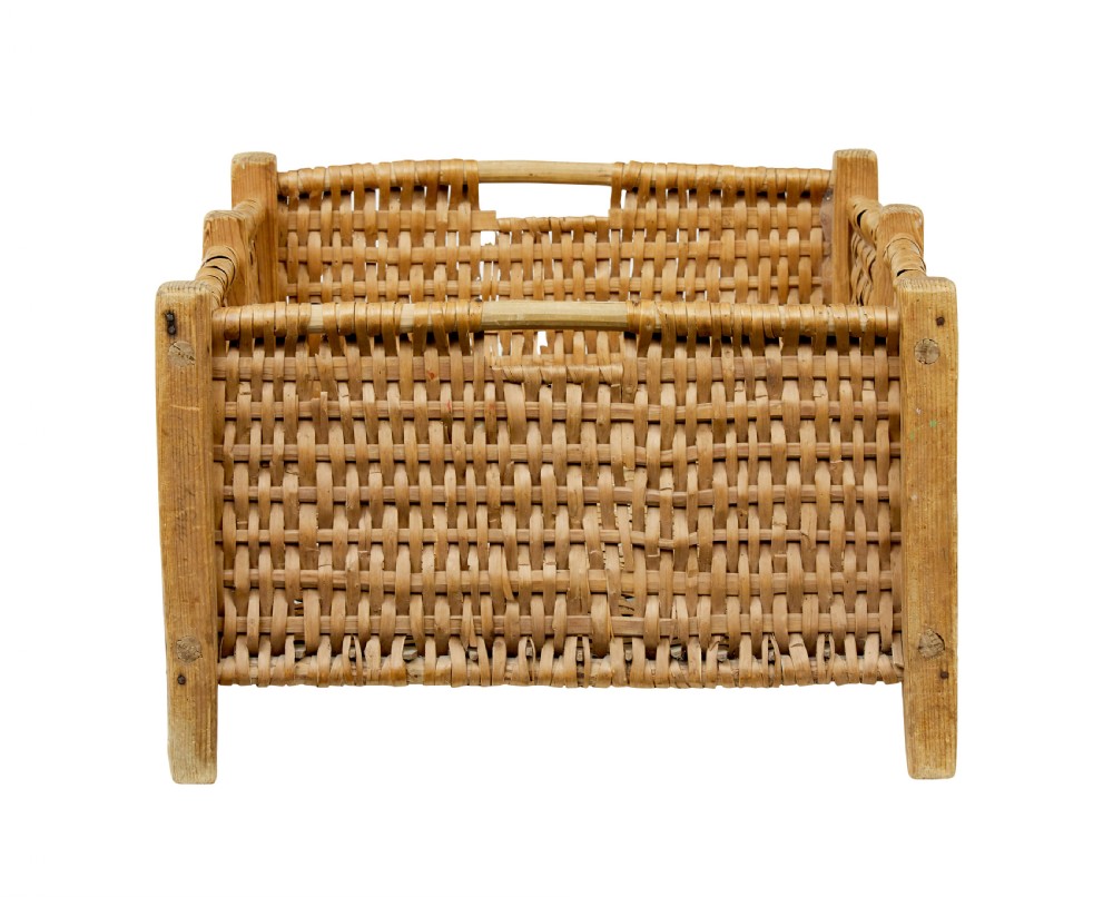 A rectangular 19th-century Scandinavian basket constructed from woven wood splints within a pine corner-post frame. View VII