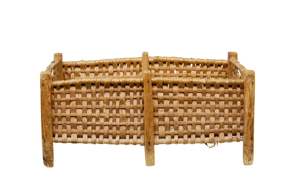A rectangular 19th-century Scandinavian basket constructed from woven wood splints within a pine corner-post frame. View VIII