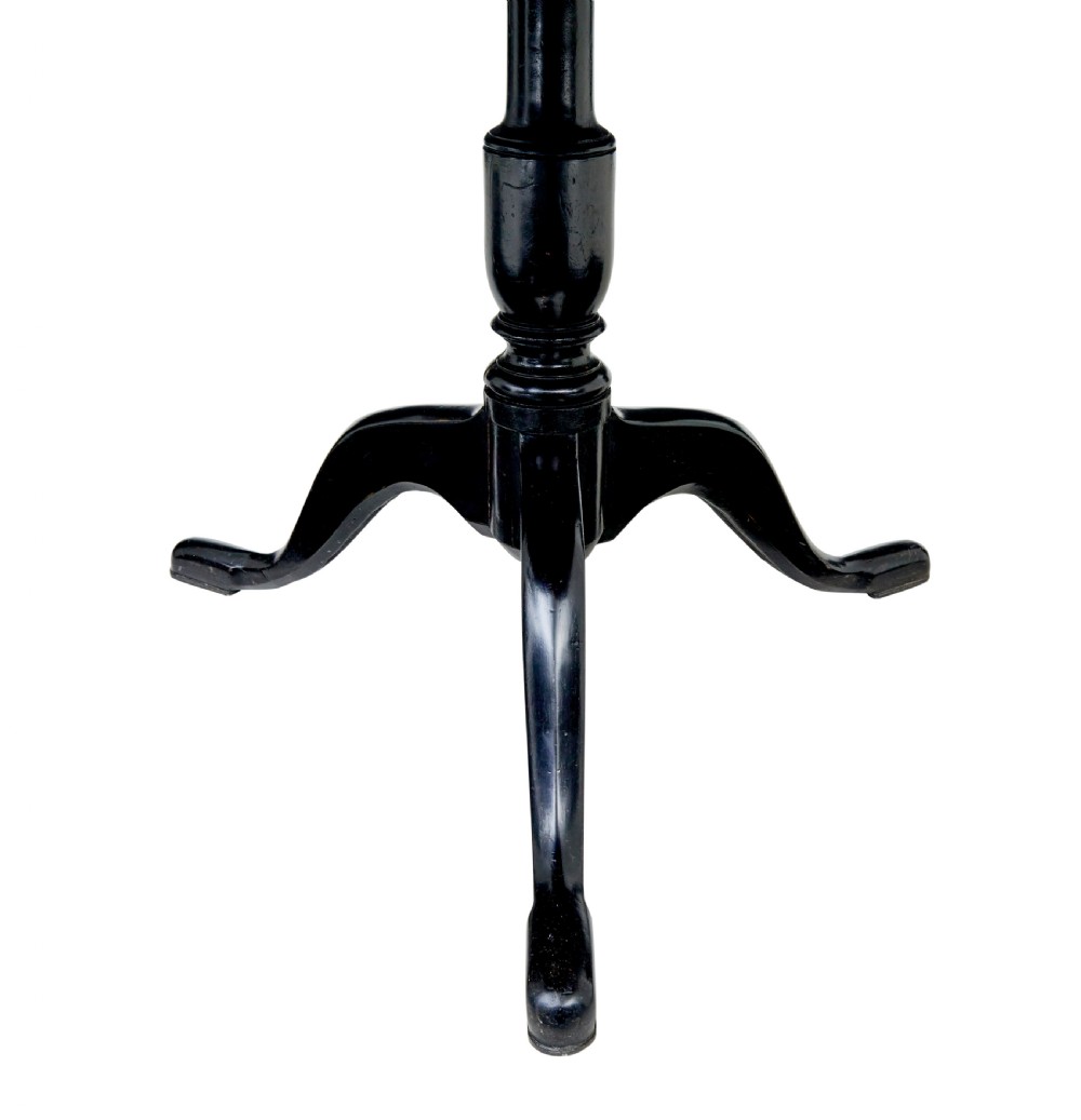 A 19th-century Swedish tripod table featuring a rounded rectangular burr birch top set on a black turned pedestal with three curved legs. View V