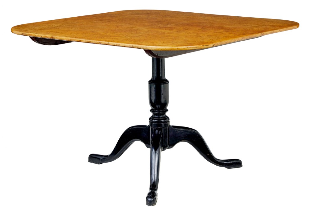A 19th-century Swedish tripod table featuring a rounded rectangular burr birch top set on a black turned pedestal with three curved legs. View VI