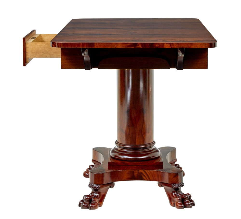 An early 20th-century Scandinavian Empire Revival mahogany sofa table featuring drop leaves, a single frieze drawer, a central cylindrical pedestal, and carved paw feet. View III